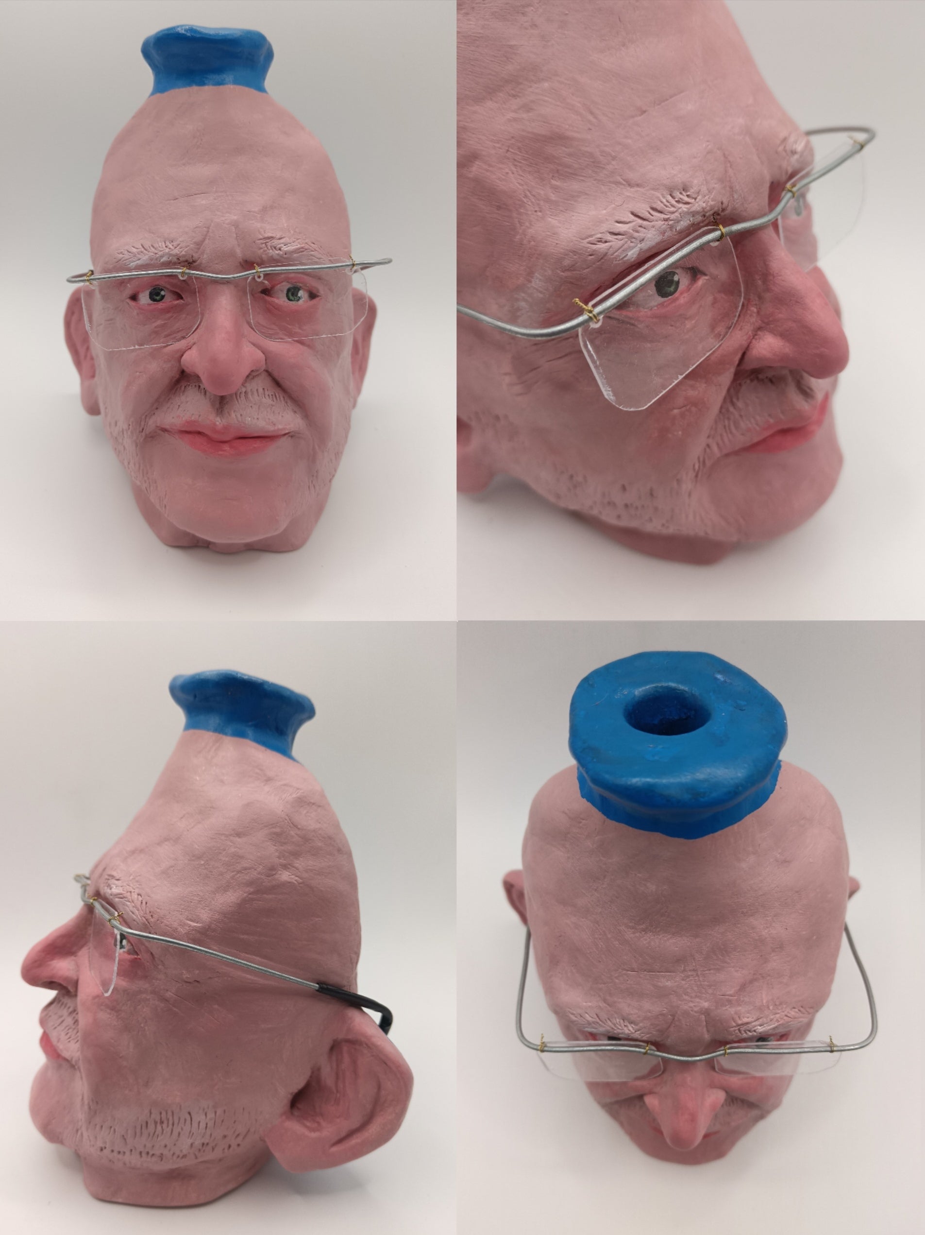 various angles of old man portrait commission sculpture vase 