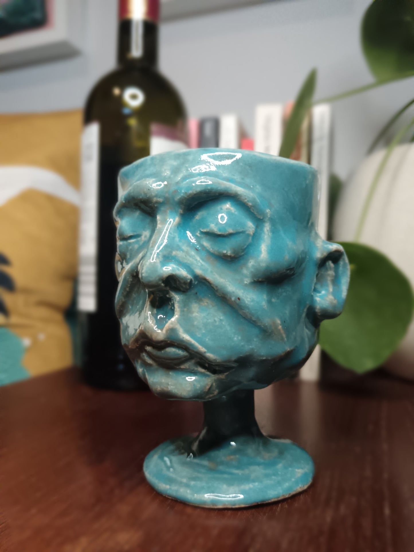 Blue + Orange Ceramic Face Goblet