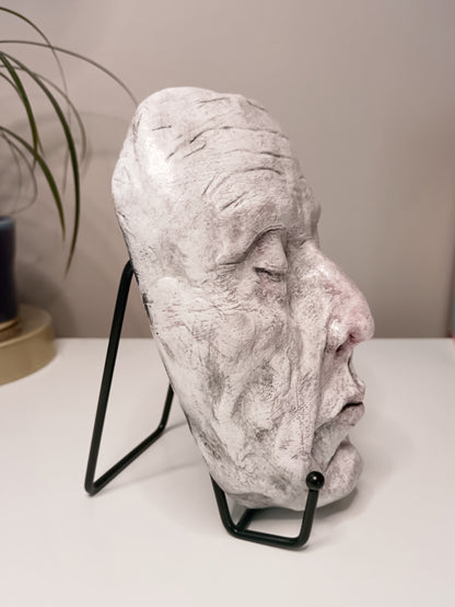 white Death mask Hand sculpted clay sculpture side view