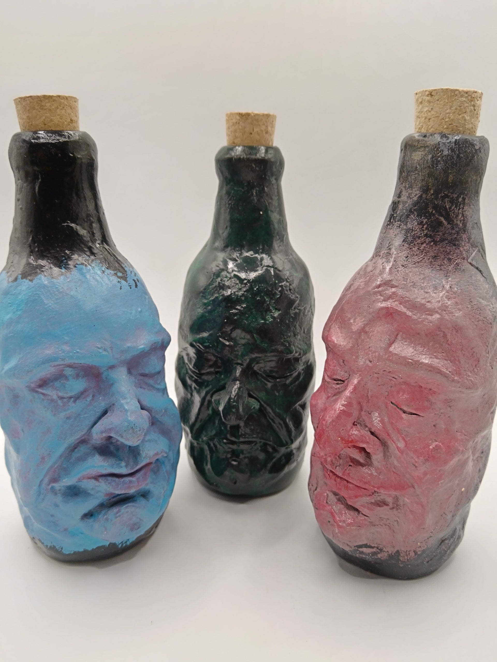 handmade portrait bottle vases x3