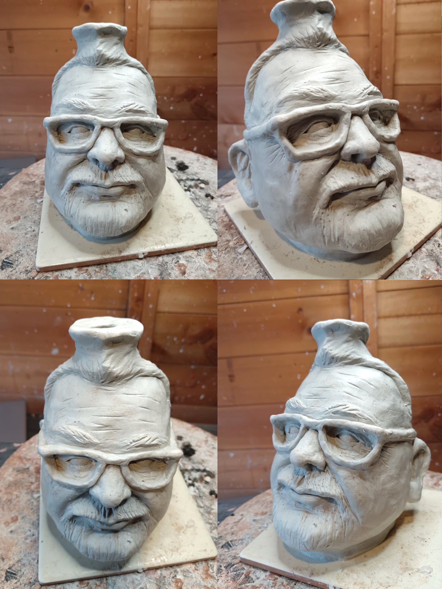 process images of custom portrait sculpture of man with glasses made from clay in the uk
