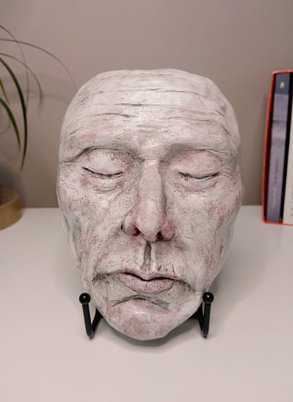 white Death mask Hand sculpted clay sculpture front 