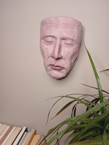  hand sculpted death mask sculpture wall hanging, home setting 