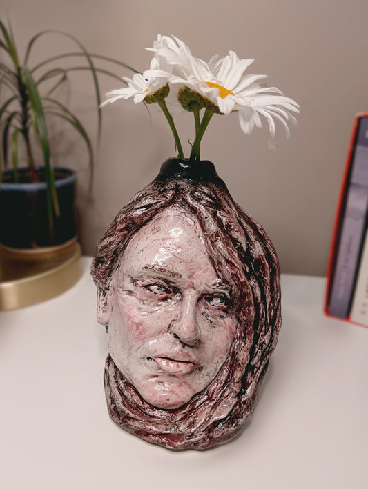 Francis Underwater Handmade Female Portrait bud vase, home setting with flowers