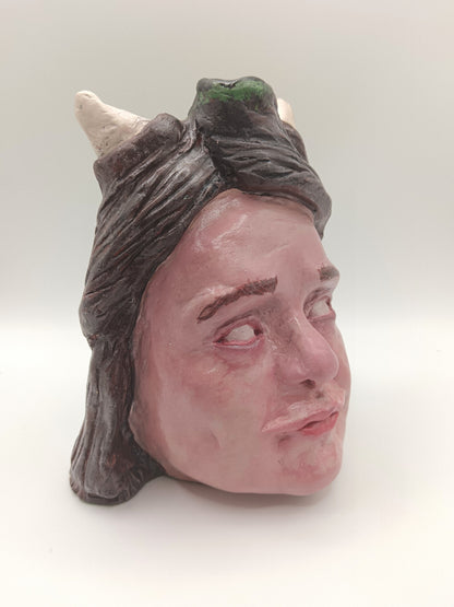 Handmade clay devil girl vase, front right