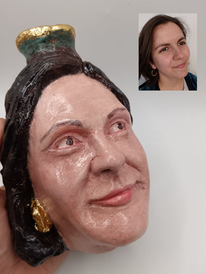 Side profile of custom portrait vase sculpted from reference photographs