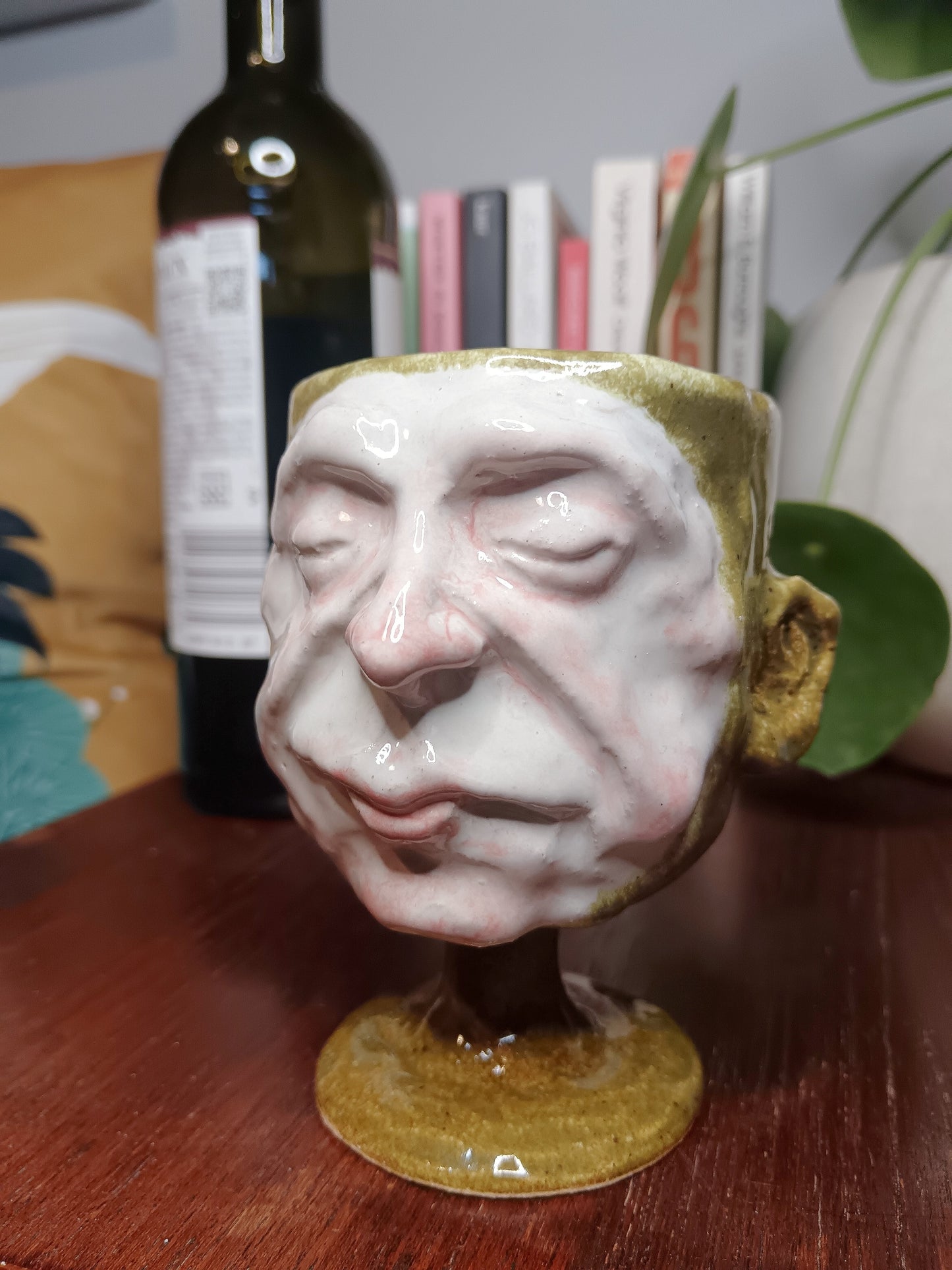 Green Ceramic Face Goblet